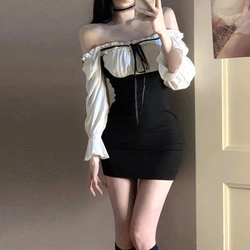 Kuzuwata Sexy Fake Two-piece Black Mini Dress Summer New Women Bag Hip Long sleeve College Outfits Beach Club Party Dresses
