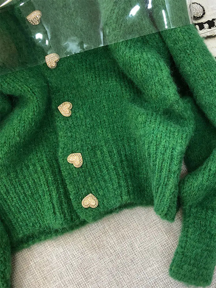 Green Knitted Cardigan Sweaters Autumn Half High Collar Sweet Casual Korean Fashion Winter New Casual Jacket