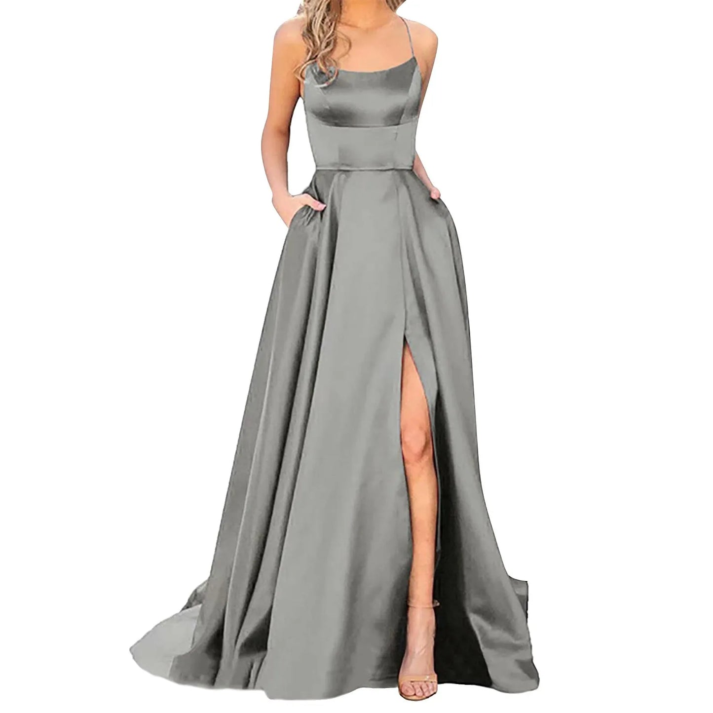 Solid Color Dresses Prom For Women Sexy Satin Spaghetti Strapbackless Side Slit Tunic Slip Dress Female Party Evening Long Dress