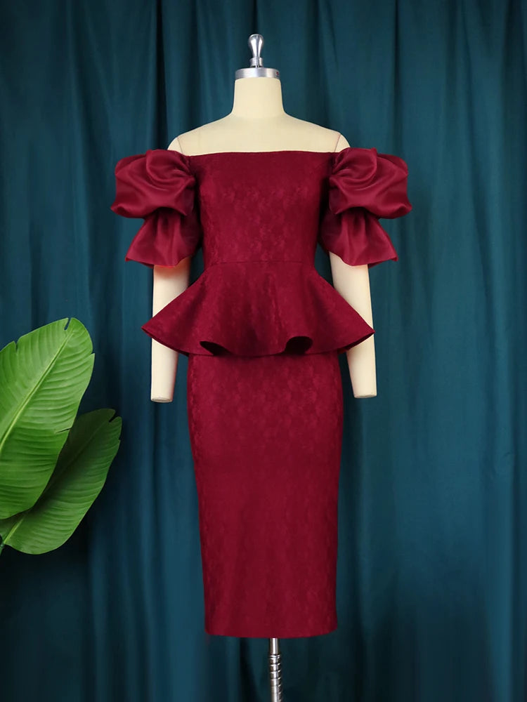 Burgundy Lace Dresses Plus Size Short Sleeve Off Shoulder Elegant Ladies Empire Peplum Midi Outfits for Women Evening Party 4XL