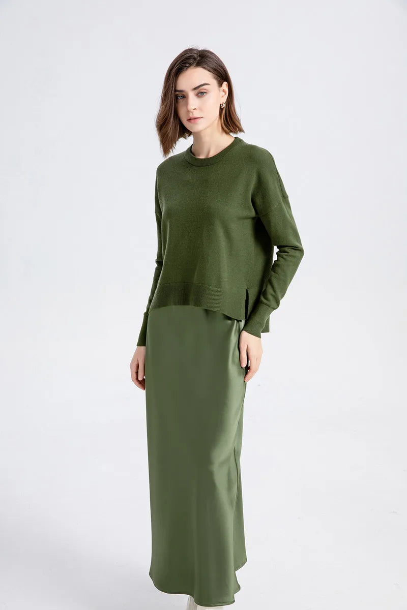 AS Elegance woman clothing Loose style knitting top and high quality Luxury Acetate satin skirt