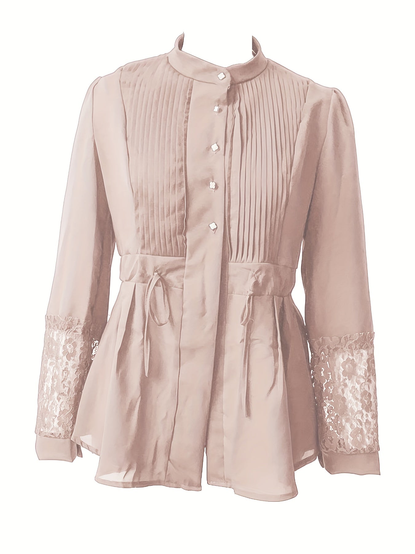 Elegant Lace Blouse - Long Sleeve, Mock Neck, Pleated Contrast Design, Women's Clothing for Chic Style