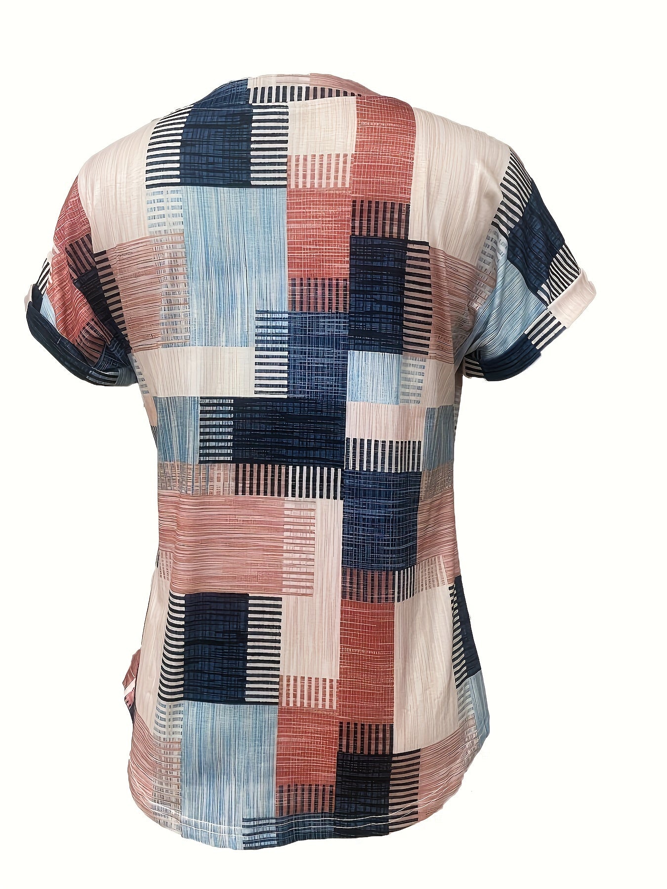 Plus Size V-Neck Short Sleeve Casual Blouse - Soft Slight Stretch Polyester Fabric, Random Print, Button Front, All-Season Wear - Womens Comfortable Knit Top for Spring and Beyond
