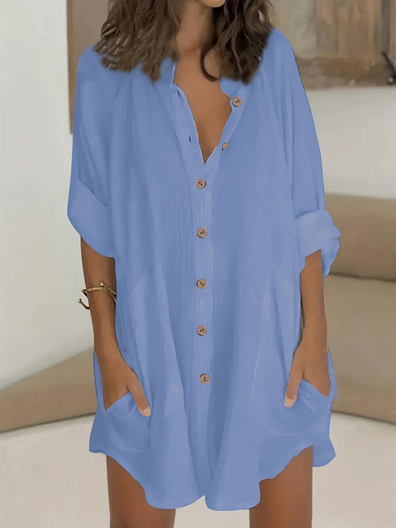 ZllKl Plus Size Simple Solid Shirt, Casual Button Front Long Sleeve Shirt, Women's Plus Size Clothing