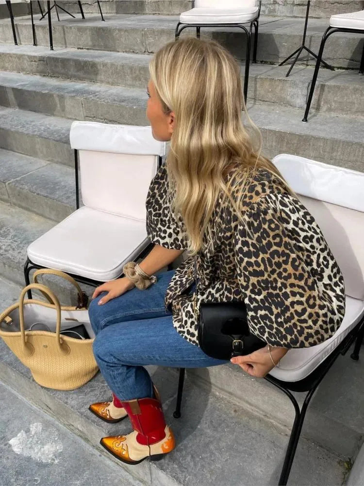 Women's Blouses Fashion Leopard Print Shirt For Women Chic O-neck Lace Up Cardigan Blouse Spring Puff Short Sleeve Lady Street Tops