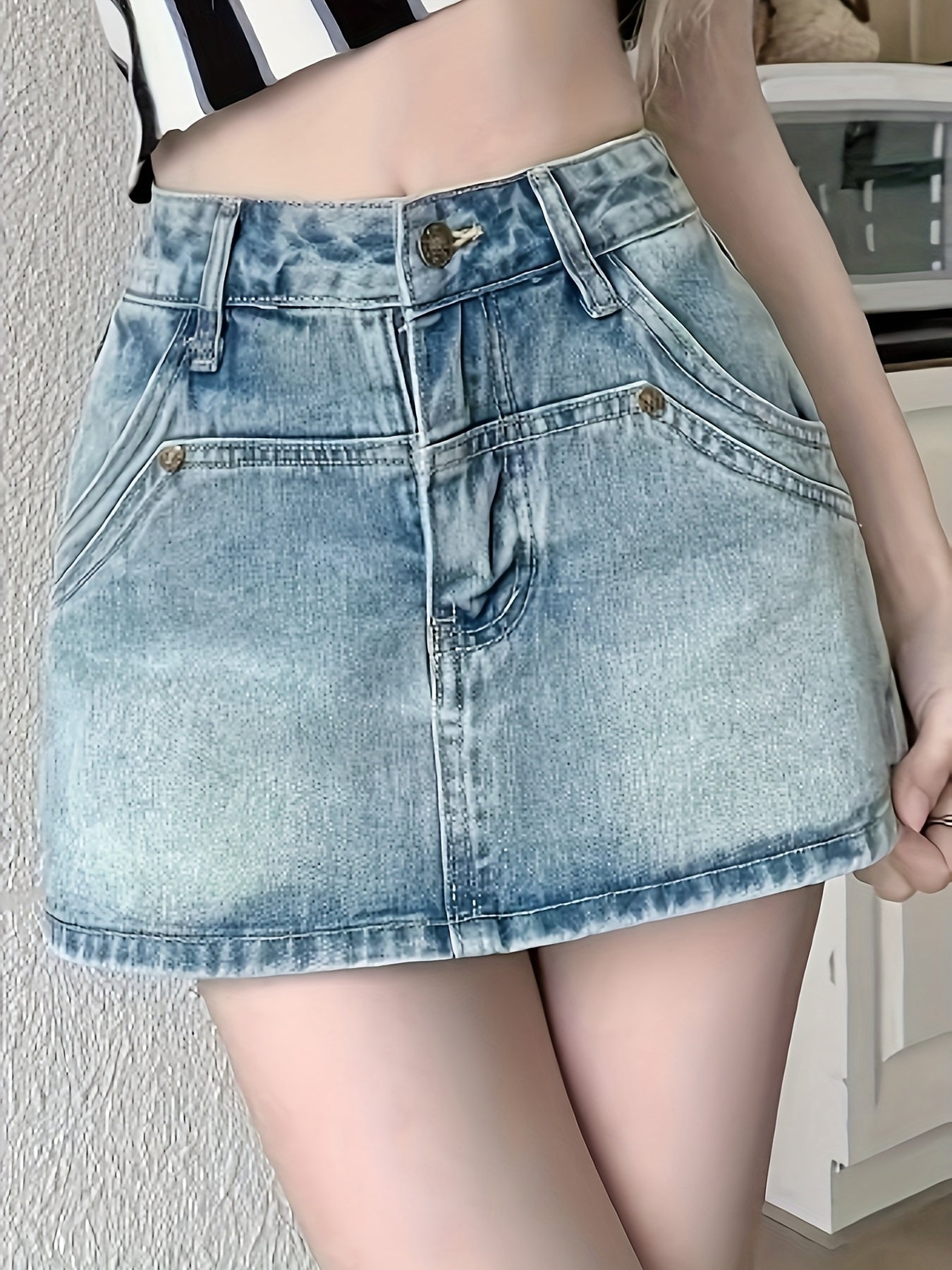 ZllKl Hot Retro Style Mini Denim Shorts, Plain Washed Blue Denim Skorts, Women's Denim Jeans & Clothing