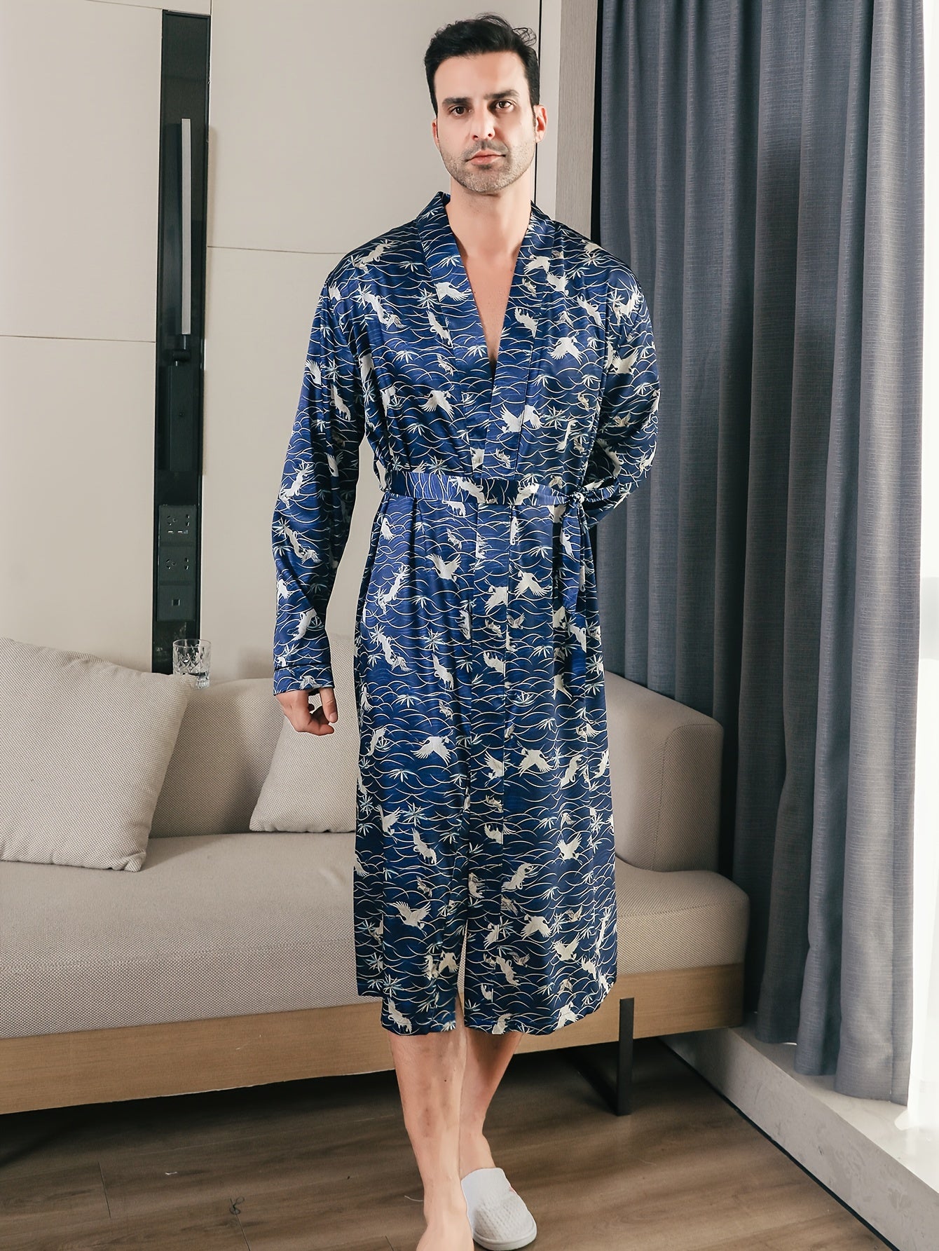 Single Pack Mens Ultra-Soft Silk Robe - Exceptionally Lightweight, Comfortable, and Suitable for Year-Round Wear - Unique Crane Pattern Design, Perfect for Lounge Wear and Relaxation
