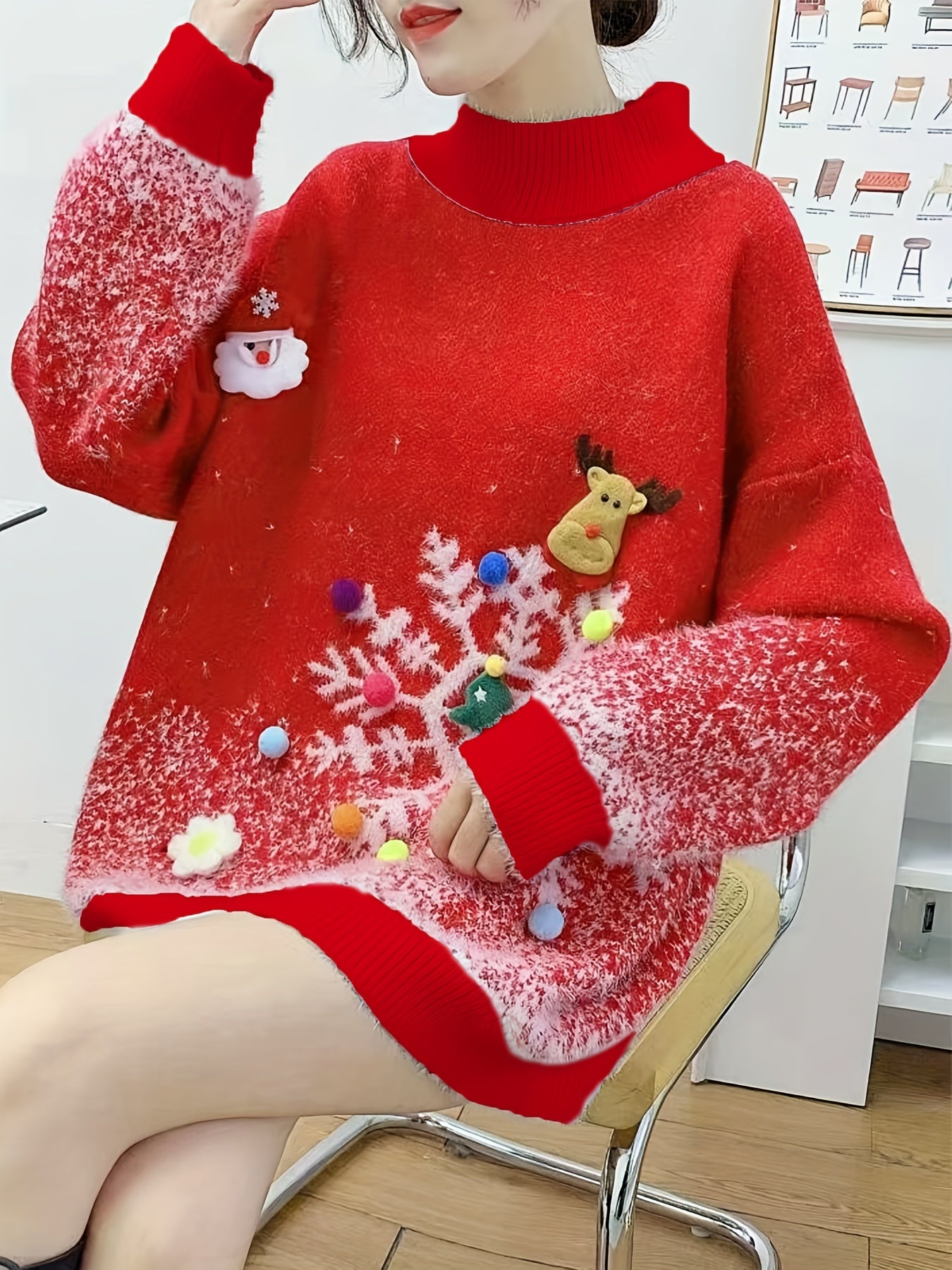 Women'S Festive Christmas Sweater, Long Sleeve, Elegant Style, Polyester, Round Neck, No Belt, Loose Fit, Pullover, Christmas Pattern, Floral Print, Mid-Stretch Fabric, Knee-Length, Leg of Mutton Sleeves, Embellished with Christmas Decor