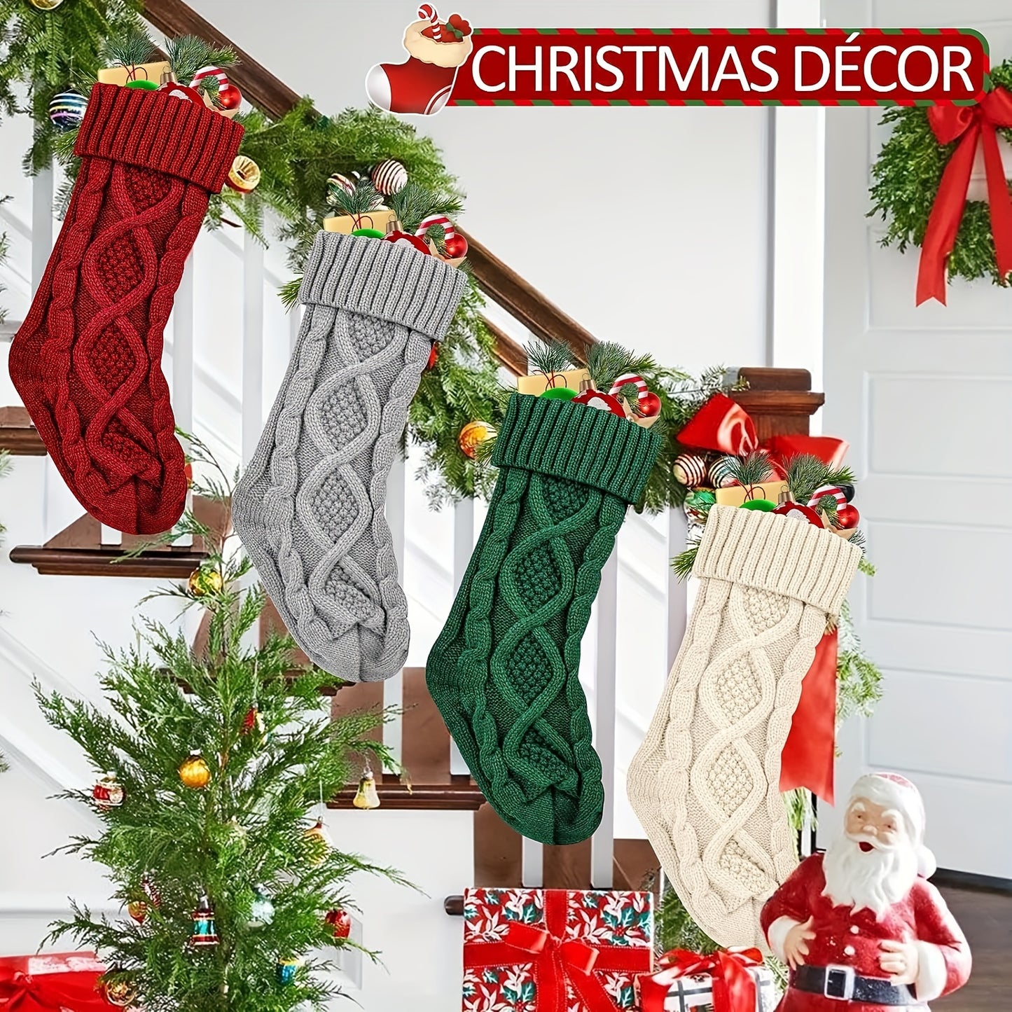 4pcs Extra-Large Soft Knitted Christmas Stockings - Vibrant Decorations in Ivory, Burgundy, Gray, and Green - Perfect for Fireplaces, Christmas Trees, Families, Holiday Parties, and Decorations
