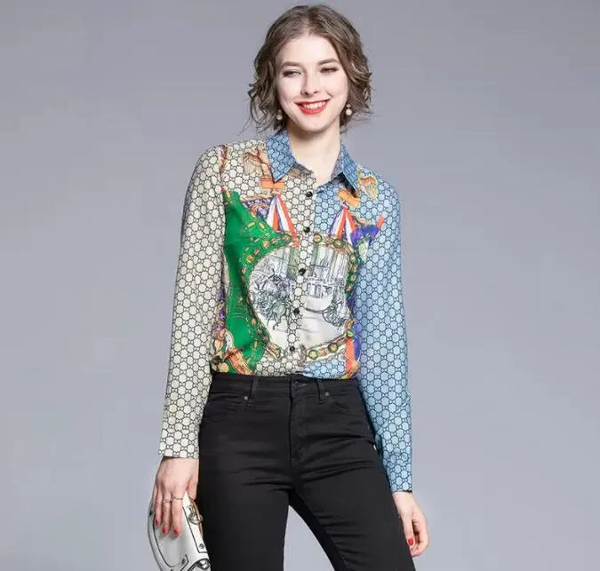 Designer Printed Black Shirts Women Runway Button Shirt Office Ladies Ribbon Bow Blouses Slim Fit Stylish Luxury Tops