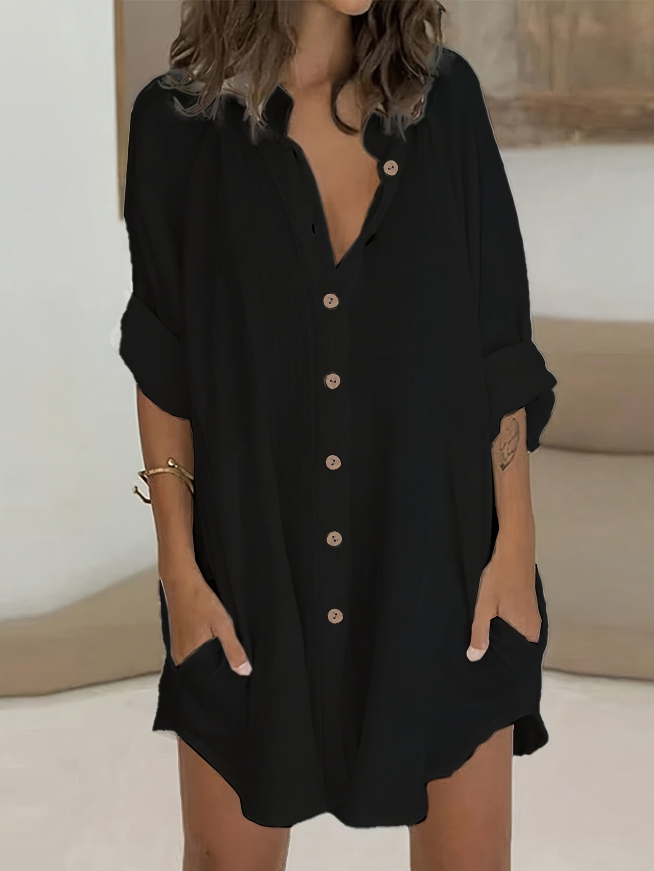 ZllKl Plus Size Simple Solid Shirt, Casual Button Front Long Sleeve Shirt, Women's Plus Size Clothing