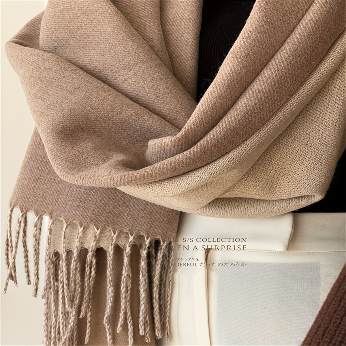 Double Sided Luxurious Color Block Scarf - Soft Cashmere Blend, Apricot and Coffee Color, Tassel Shawl, Windproof, Autumn Winter Warm, Versatile Unisex Accessory for Women and Men