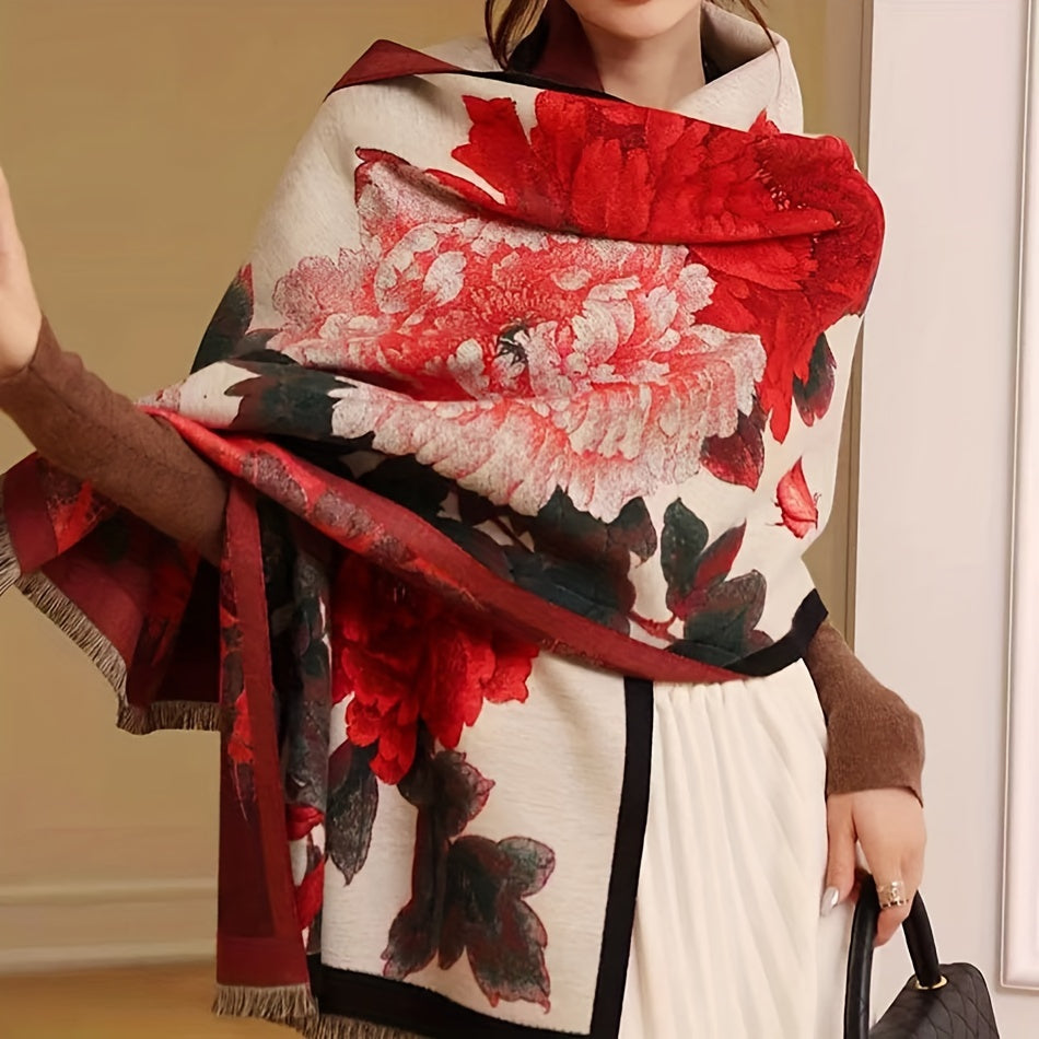 Vintage Floral Pattern Soft Shawl Scarf - Elegant, Warm, Fringe, Windproof, Coldproof, Autumn Winter Essential - Perfect for Outdoor Activities, Casual Wear, and Gift Giving