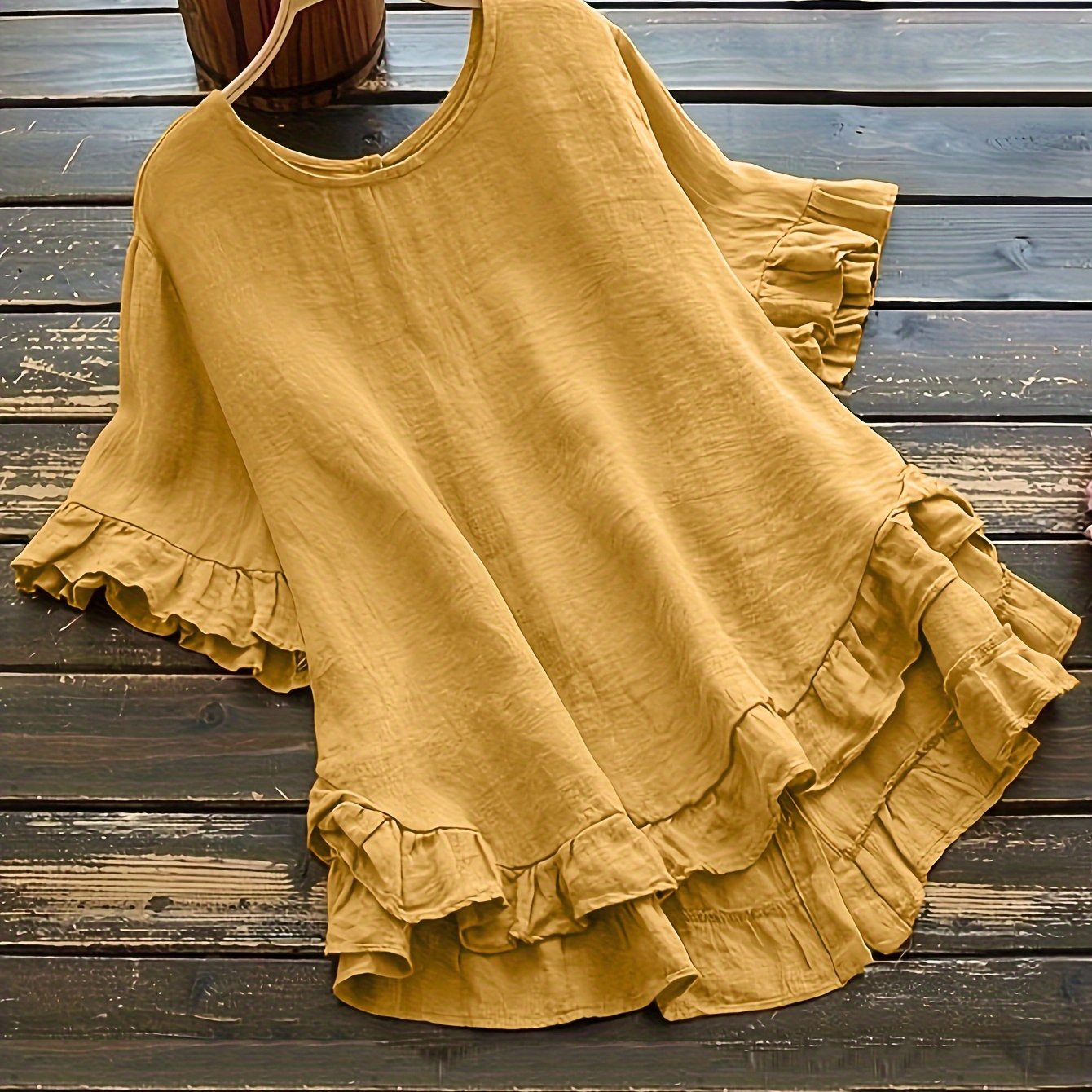 ZllKl Solid Button Back Ruffled Trim Blouse, Casual Short Sleeve Blouse For Spring & Summer, Women's Clothing