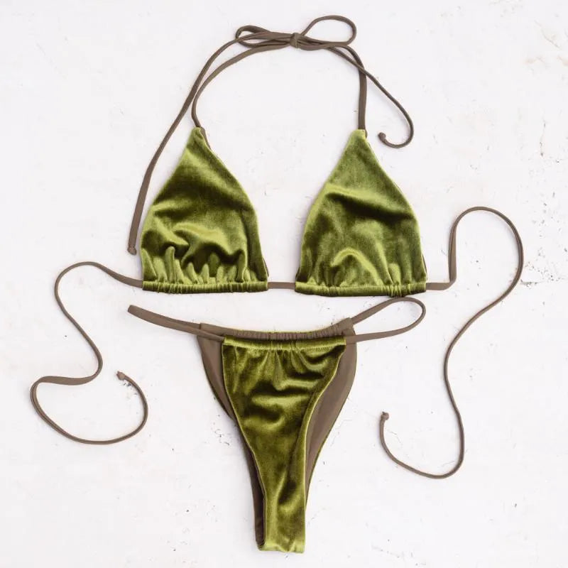 Sexy Veet Swimsuit Women Micro Bikini Set Thong Swim 2 Piece Bathing Suit Ladies Green String Biquini Bathers