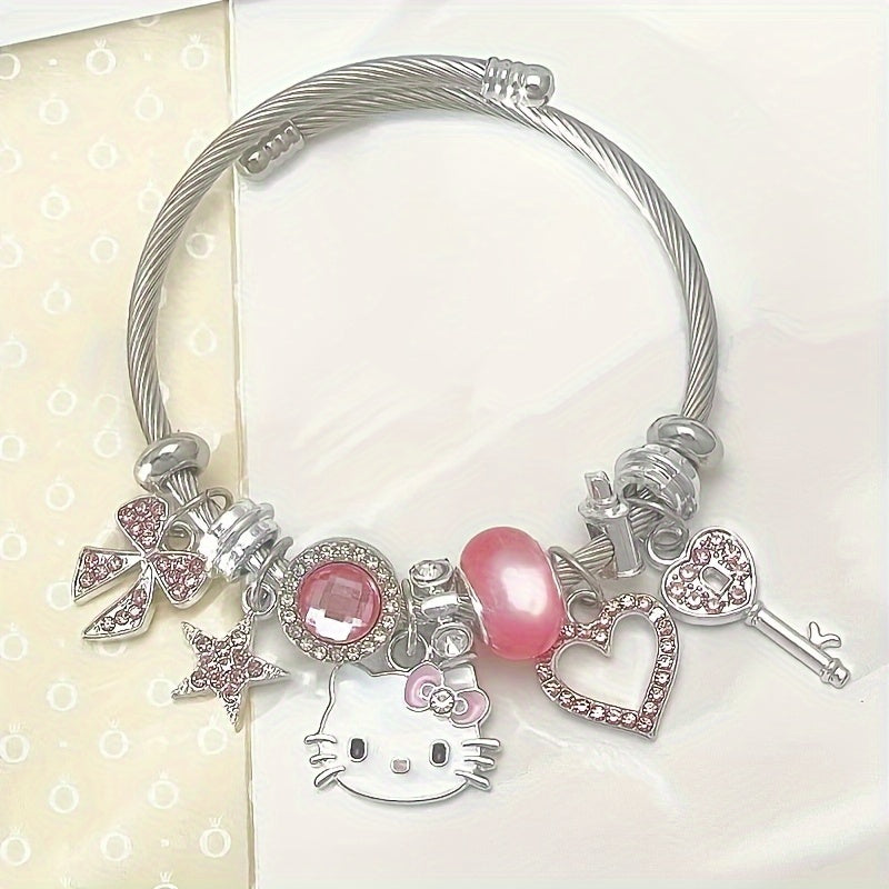 Stunning Sanrio Hello Kitty Mosaic Zircon Alloy Bracelet - Sparkling Cartoon Bangle for Girls, Unique Sweet Gift Idea with No Plating, Exquisite Detailing