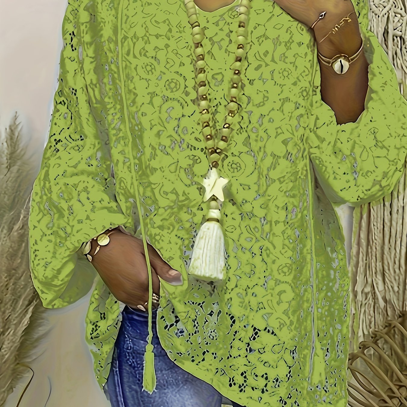 ZllKl Plus Size Boho Blouse, Women's Plus Solid Lace Lantern Sleeve Tassel Trim V Neck Tunic Shirt Top