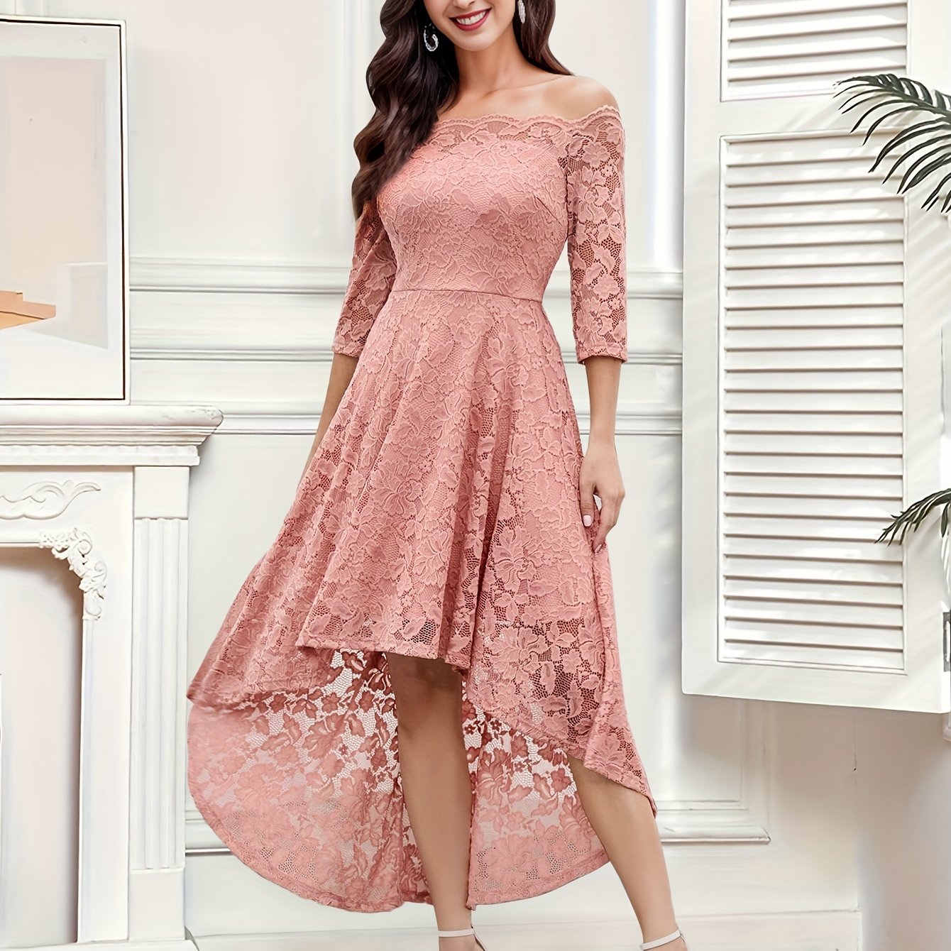 Elegant Off the Shoulder Lace Stitching Pendulum Dress - Micro Elastic Polyester, Half Sleeve, High-Low Hem, Solid Color, Hand Washable - Perfect for Wedding, Party, Banquet, and Engagement Occasions