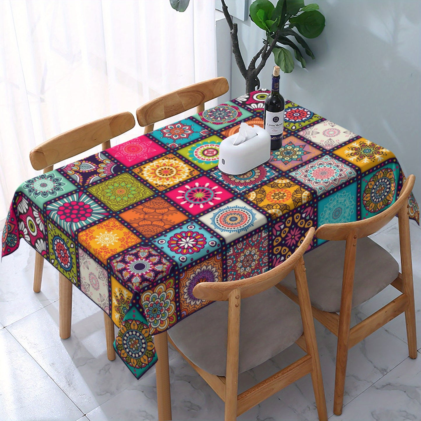 1pc Vibrant Mandala Rectangle Polyester Tablecloth - Kitchen & Dining Table Linens - Bohemian Inspired, Circular, Colorful, Festival Party Decoration, Home Decor, Waterproof, Easy Clean, Durable, Perfect for Indoor Outdoor Events