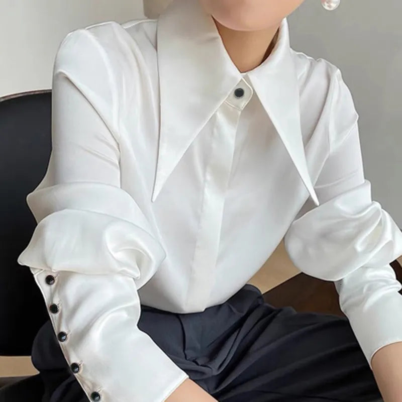 Women's Blouses Shirts Autumn Vintage Satin Silk Women Shirt Elegant Turn Down Collar Woman Blouse White Long Sleeve Ladies Tops Blusas 16946 230111