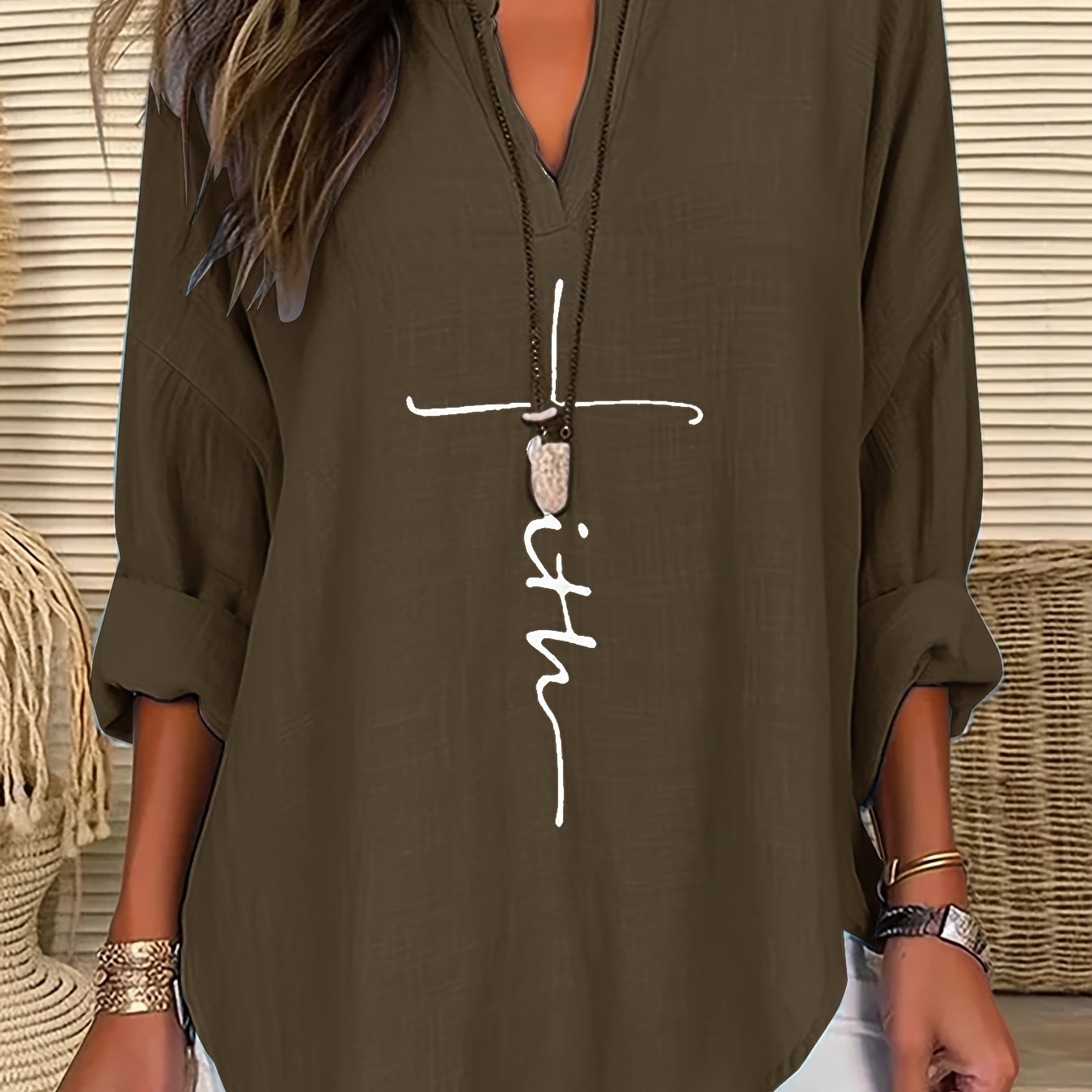 ZllKl Letter Print Notch Neck Blouse, Casual Long Sleeve Blouse For Spring & Fall, Women's Clothing