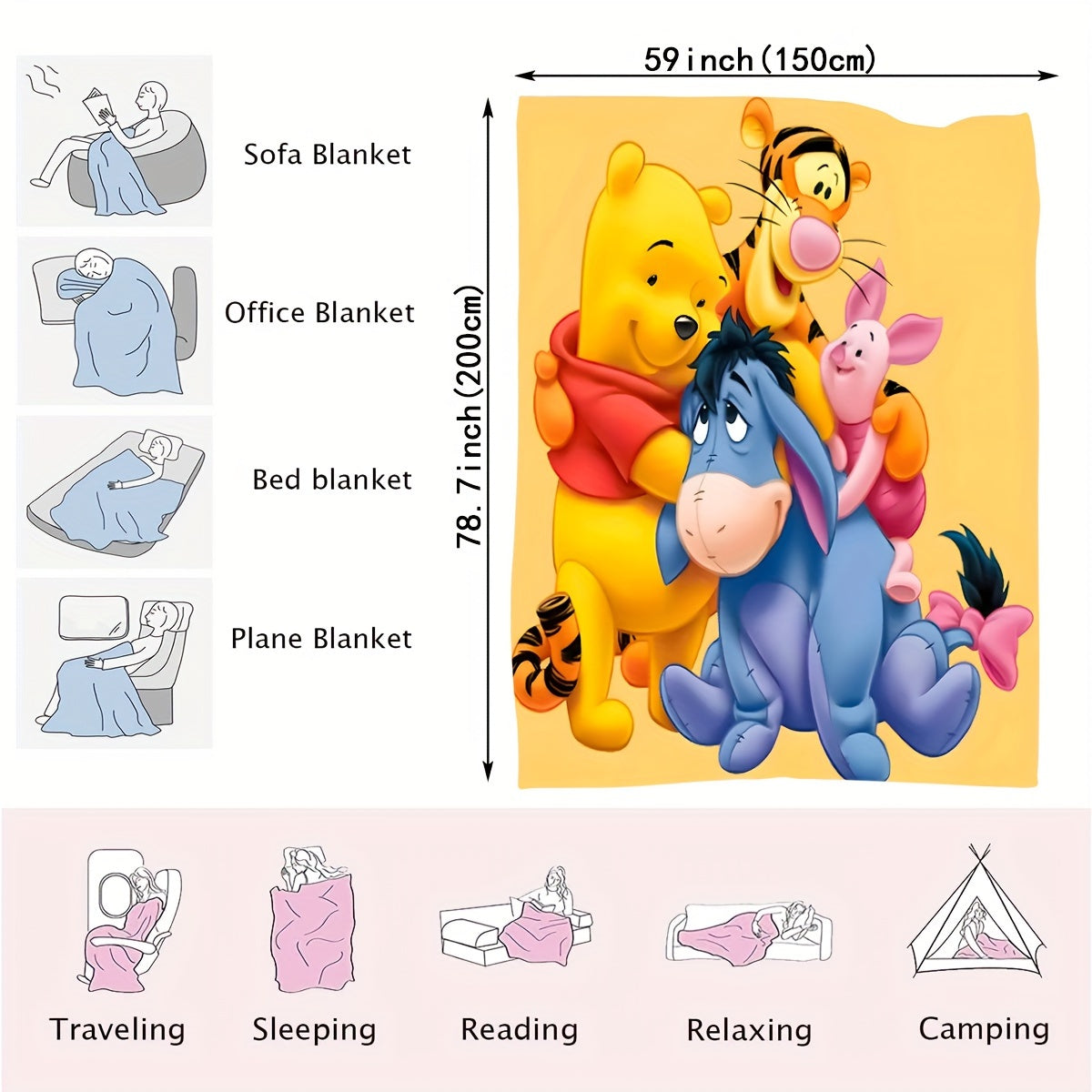 UME Cozy Flannel Throw Blanket - Winnie the Pooh, Tigger & Piggy Cartoon Design | Versatile All-Season Use for Couch, Bed, Office | Dry Clean Only