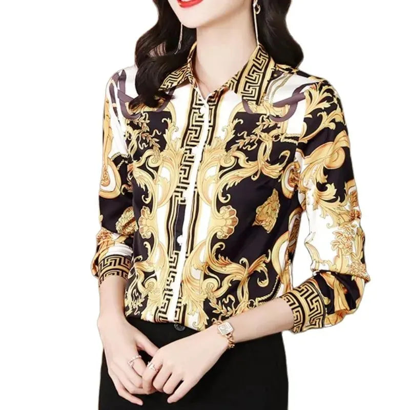 Luxury Designer Print Classic Satin Shirt Plus Size Women Fashion Long Sleeve Button Front Shirts Spring Autumn Ladies Runway Lapel Blouse Elegant Silk Tops