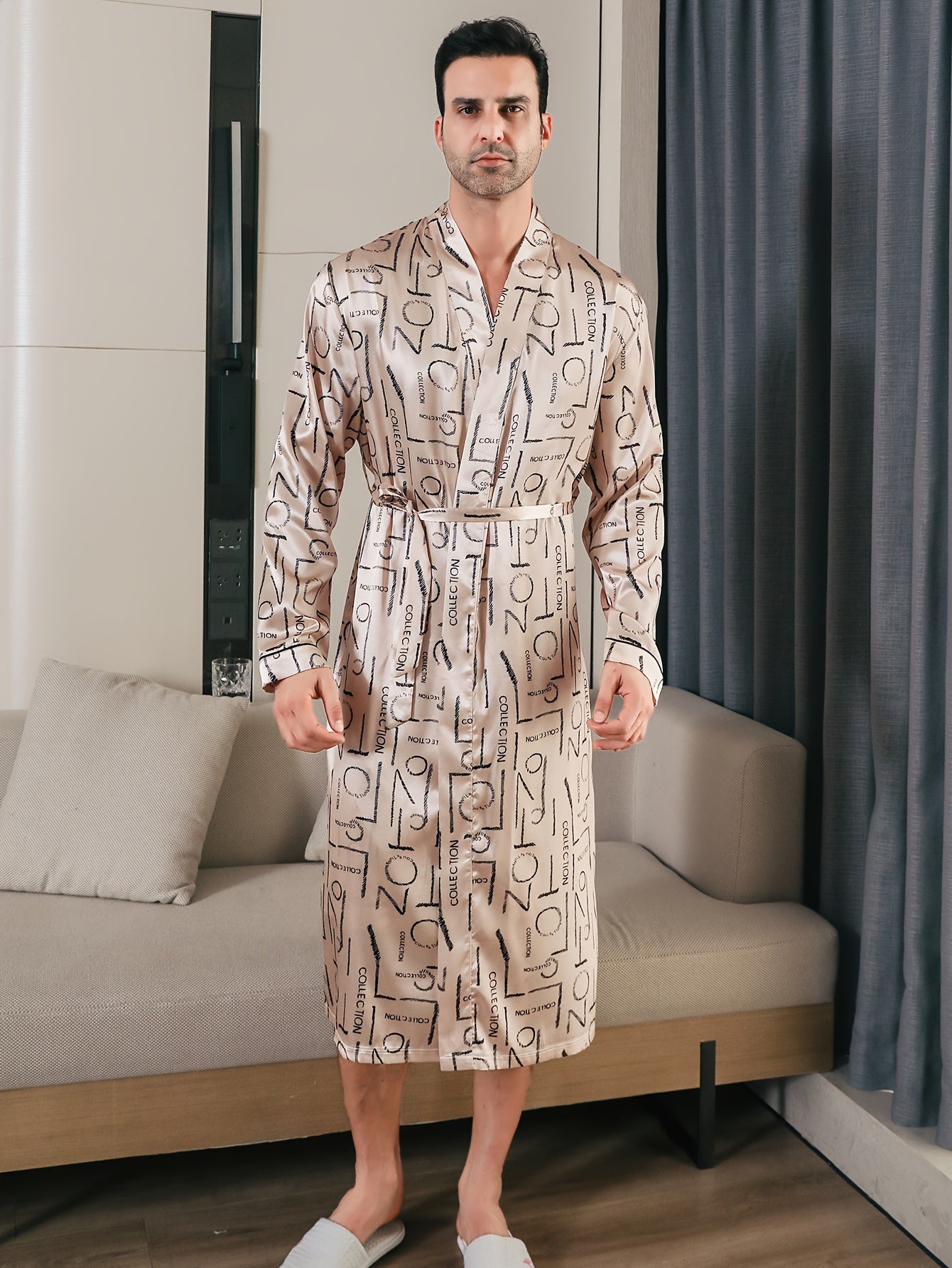 Mens Ultra-Soft Comfy Robe - Stylish Letter Pattern Design, Convenient Side Pocket, Adjustable Lace-Up Closure, Classic One-Piece Design - Ideal for Lounging Around the House in Comfort at Night