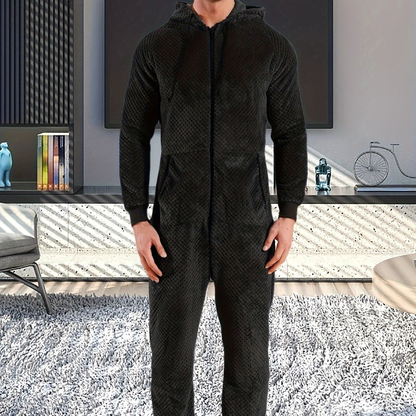 1 Pc Men's Dark Gray Plush Hooded Long Sleeve Pajama Jumpsuit With Zipper - Cozy One-Piece Loungewear, Relaxed Fit Home Wear