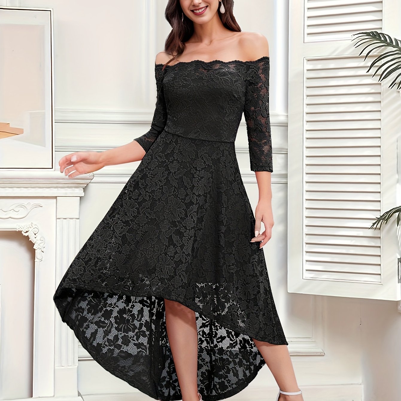 Elegant Off the Shoulder Lace Stitching Pendulum Dress - Micro Elastic Polyester, Half Sleeve, High-Low Hem, Solid Color, Hand Washable - Perfect for Wedding, Party, Banquet, and Engagement Occasions