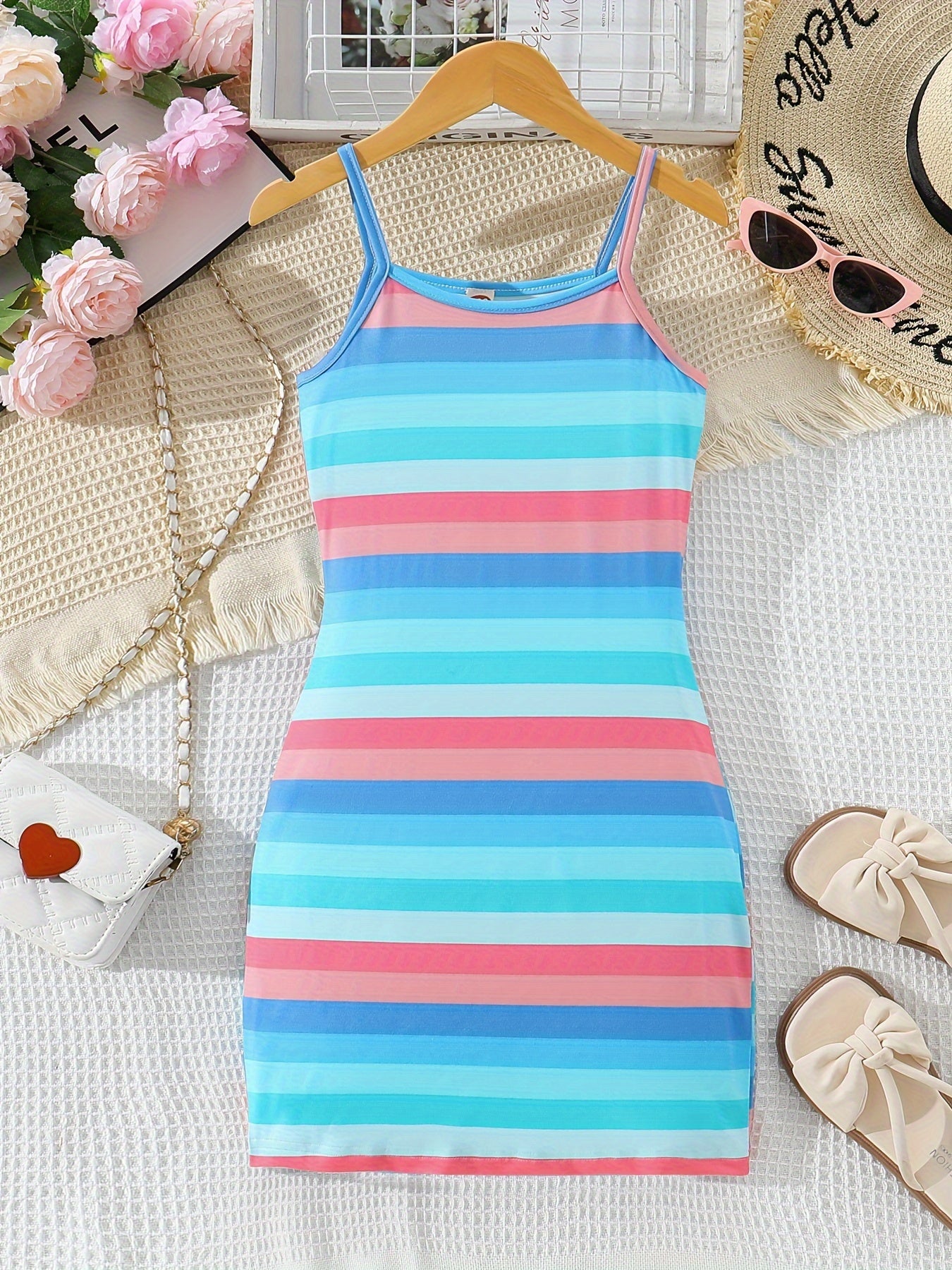Colorful Stripe Dress - Bodycon Slim Fit Design, Adjustable Spaghetti Straps, Slip-on Style - Perfect for Little Girls and Tweens, Ideal Summer Gift for Birthday Parties, Outdoor Playdates, or Casual Occasions