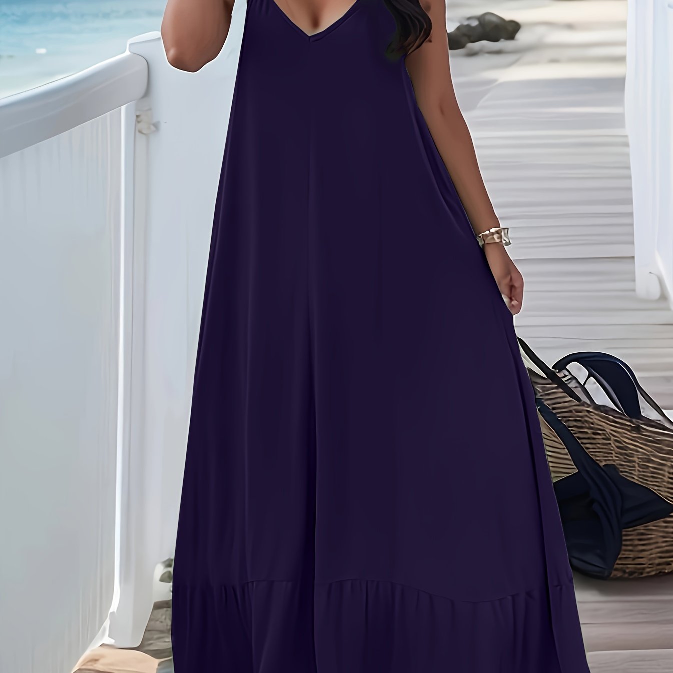 Plus Size Peplum Cami Maxi Dress - V Neck, Backless, Slight Stretch, Polyester, Machine Washable, Solid Color, Vacation Style, Knit Fabric - Perfect for Summer