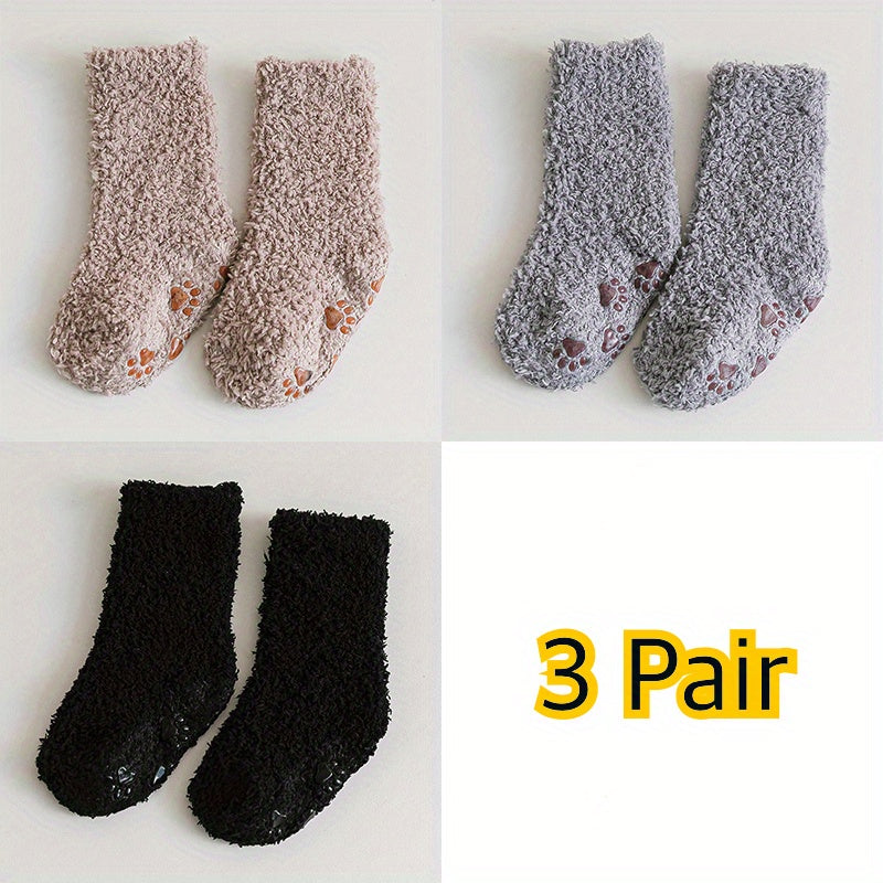 3pairs Baby Boys Kids Thickened Warm Coral Fleece Socks For Winter, Anti-skid Socks, 0-5 Years Old Toddlers Children's Trendy Socks
