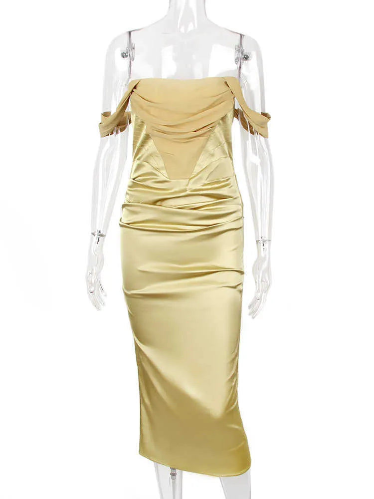 Offer Shoulder Elegant Draped Neck Satin Midi Dress Prom Cocktail Party Dresses For Women Wedding Guest Vestidos