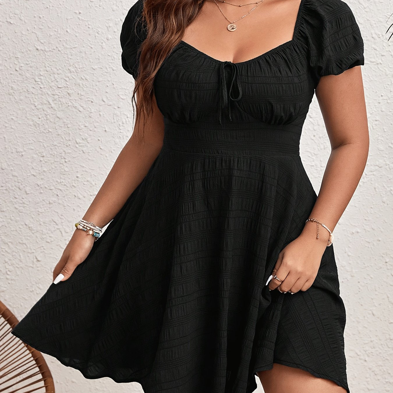 Plus Size Ruched Tie Front Dress - Elegant Short Sleeve, Cinched Waist, Comfortable, Breathable, Spring & Summer Essential - Women's Plus Size Clothing for Curvy Figures