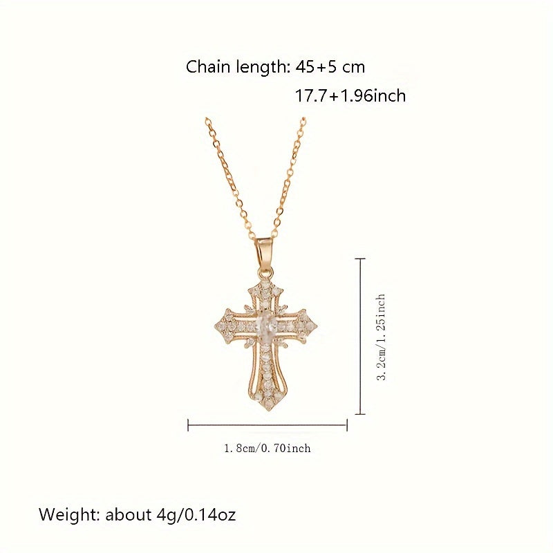 1pc Cute Sparkling Rhinestone Decor Cross Hollow Pendant Necklace, Religious Jewelry For Blessing, Ideal choice for Easter Gift