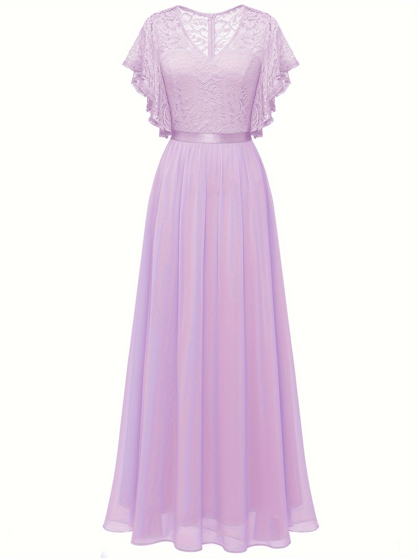 Stunning Lace Splicing V-Neck Bridesmaid Dress - Elegant Ruffle Sleeve, A-Line Floor Length, Perfect for Wedding Party - Womens Formal Clothing for Special Occasions