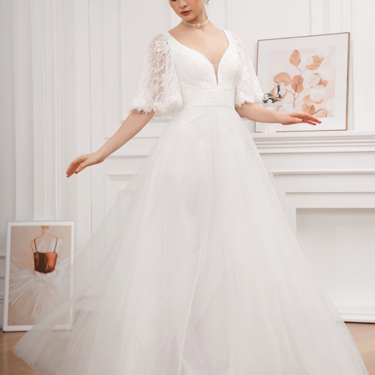 Long Lace Flutter Sleeve A-Line Wedding Dress - Elegant Deep V Neck, Contrast Lace, Half Sleeve, Floor Length, Woven, No Elasticity - Perfect for Adult Women