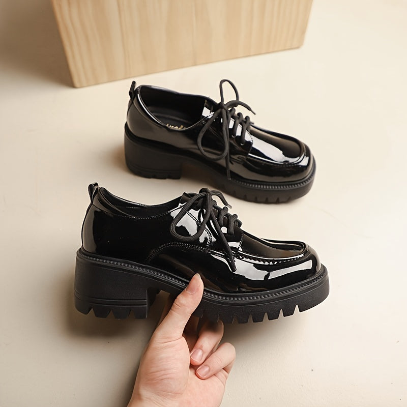 Stylish Womens Square Toe Platform Oxfords - Non Slip Rubber Soles, All-Match Black Lace Up Shoes with Man Made Materials and Comfortable Insoles for Spring Season
