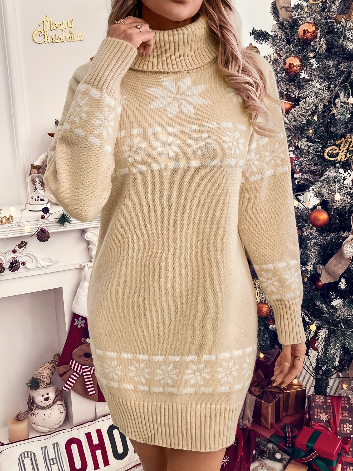 Elegant Long Sleeve Polyester Knit Christmas Dress, H-Shaped Silhouette, No Belt, Polyester Fiber, Elegant Style