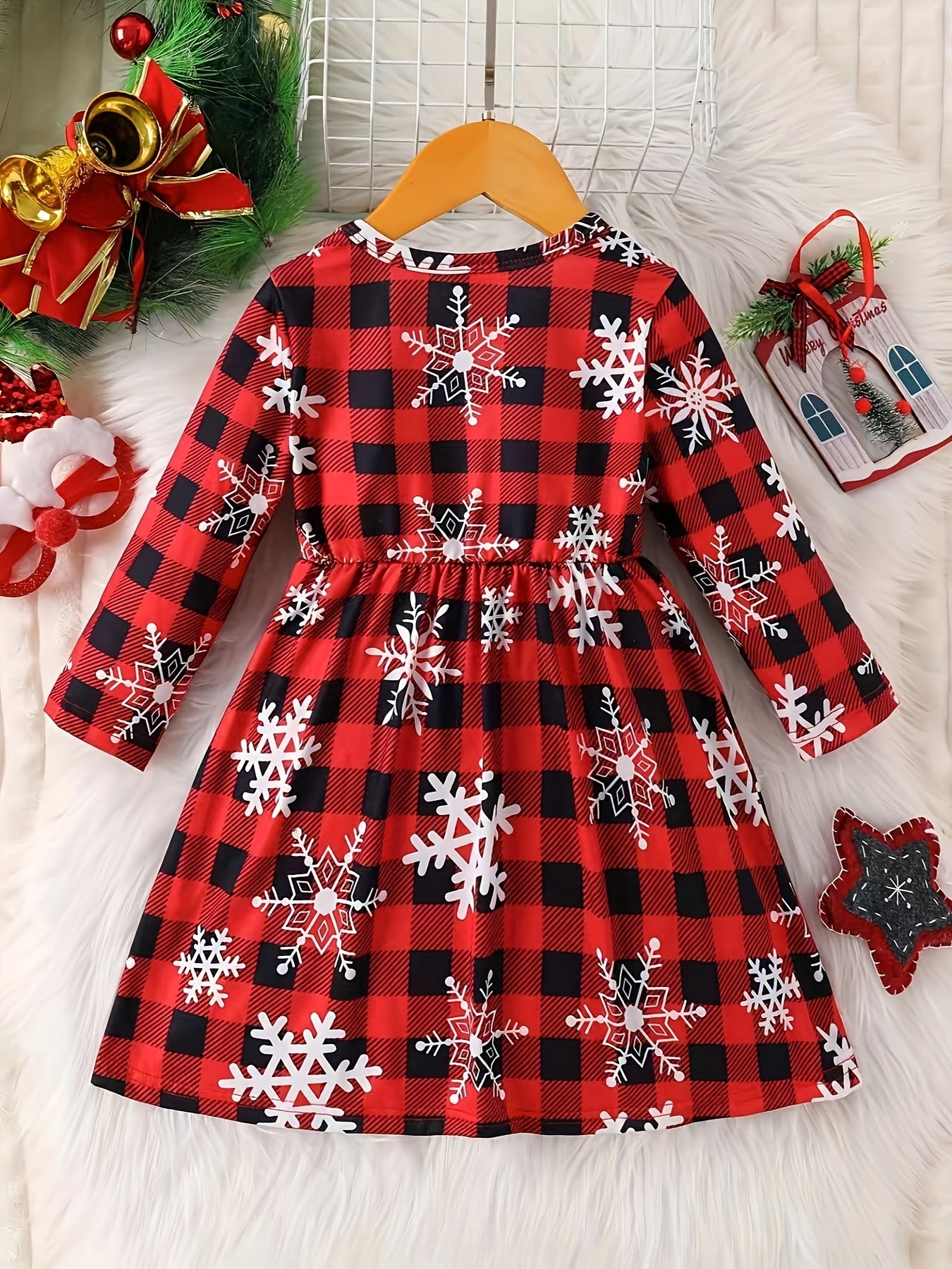 Snowflake & Christmas Plaid Print Girls Holiday Long Sleeve Dress - Comfy A-Line Party Casual Dresses, Spring/Fall Season