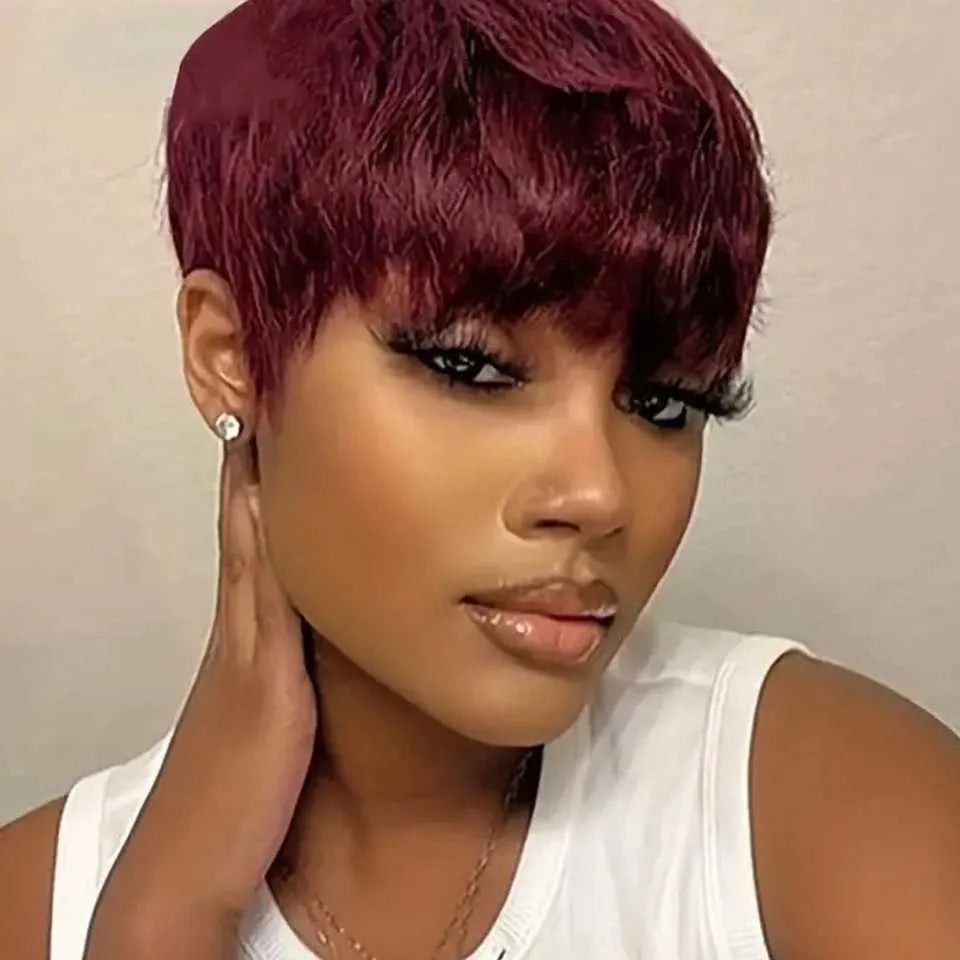 Synthetic Wigs Synthetic Wigs Short Pixie Cut Straight Hair Wig Brazilian Remy Hair Human Hair Wigs With Bangs 99J Burgundy P4/30 #4 Wig Cheap Glueless Wig 240329