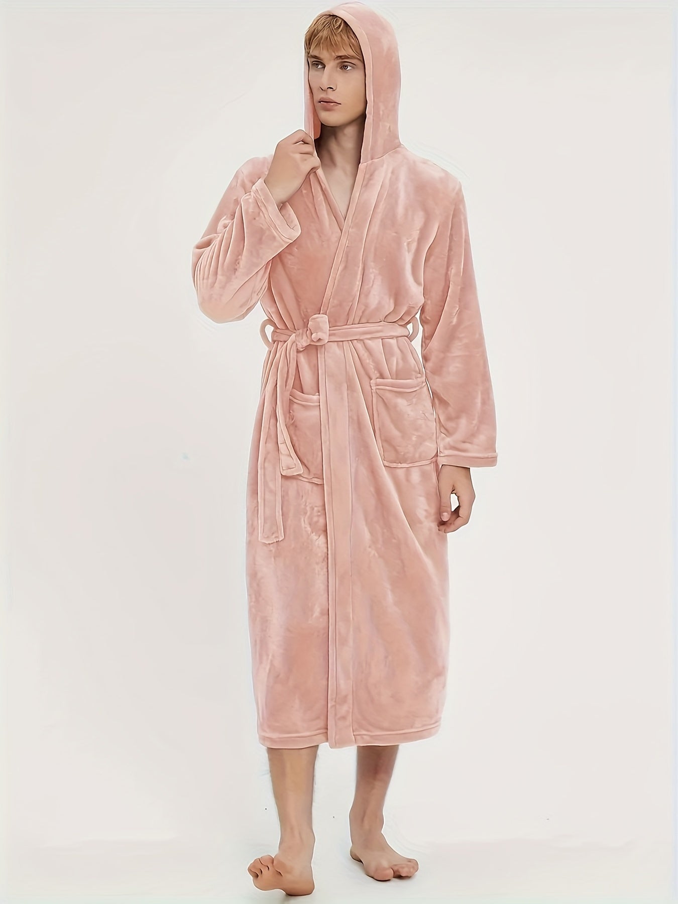 Men's Casual Nightgown, Soft And Comfortable Hooded Robes Full Length With Pockets, New , Plain Hooded Flannel