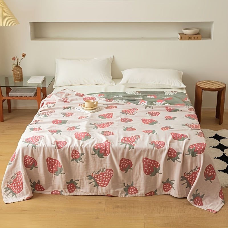 1pc Adorable Strawberry Pattern Soft Cotton Multi-Functional Blanket for Bed, Sofa, Couch, Car, Office, and Camping - Machine Washable, Reusable, and Lightweight - Perfect for All Seasons and Occasions