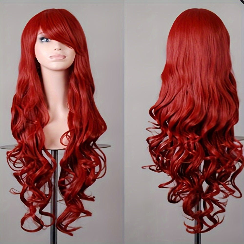 Vibrant Curly Wave Wig with Bangs - Synthetic Hair, Buckle Net Cap, Elegant Style for Women - Perfect for Halloween Party, Music Festival, and Costume Occasions