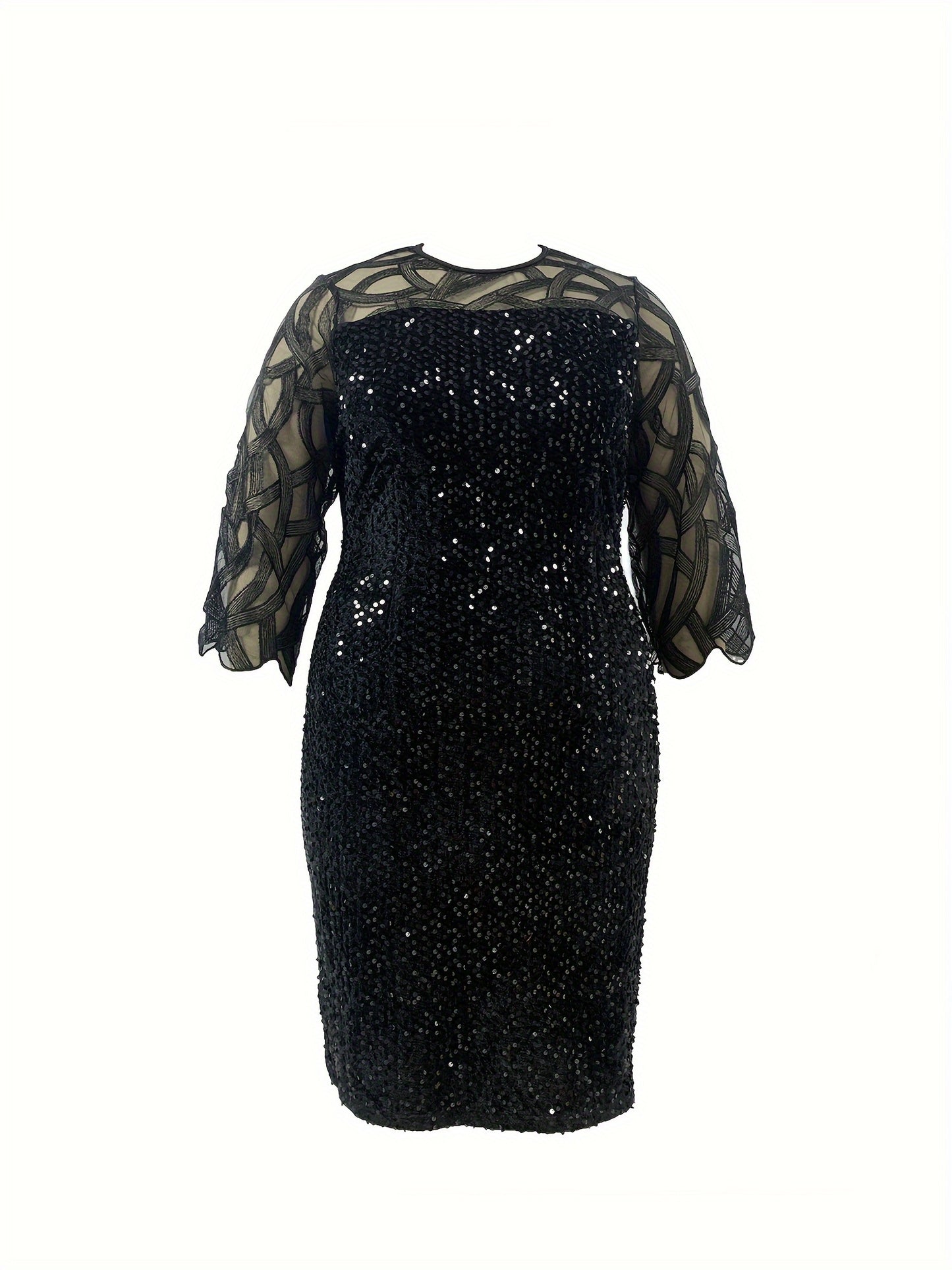 Plus Size Midi Fitted Bodycon Dress - Elegant Crew Neck, Three Quarter Sleeve, Slight Stretch, Contrast Sequin Stitching, Solid Color, Polyester, Hand Wash, Spring/Summer, Mature Occasion