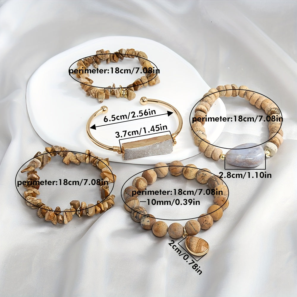 5pc Vintage Charm Boho Beaded Bracelet Set - Effortless Stackable, Elastic Stretch, Handmade Jewelry for Bohemian Style Enthusiasts