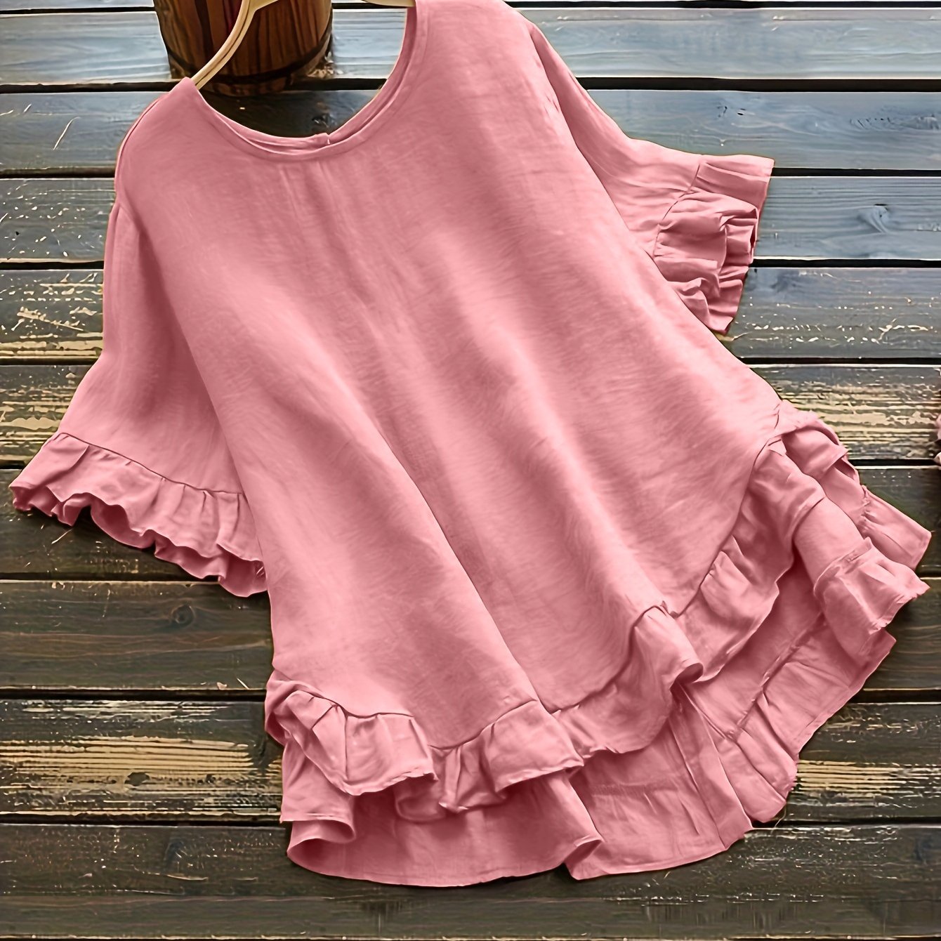 ZllKl Solid Button Back Ruffled Trim Blouse, Casual Short Sleeve Blouse For Spring & Summer, Women's Clothing