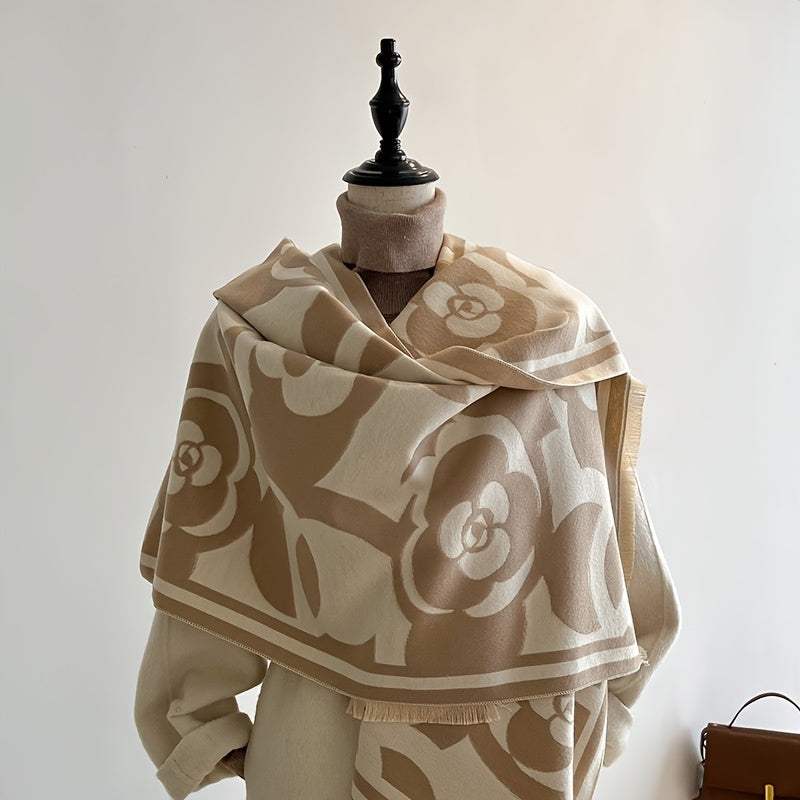Winter Soft Warm Versatile Fringe Shawl Blanket Scarf - Fashion Scarves with Black and White Camellia Jacquard Pattern, Super Cozy, Lightweight, and Chic - Perfect for Cold Weather, Outdoor Activities, and Daily Wear