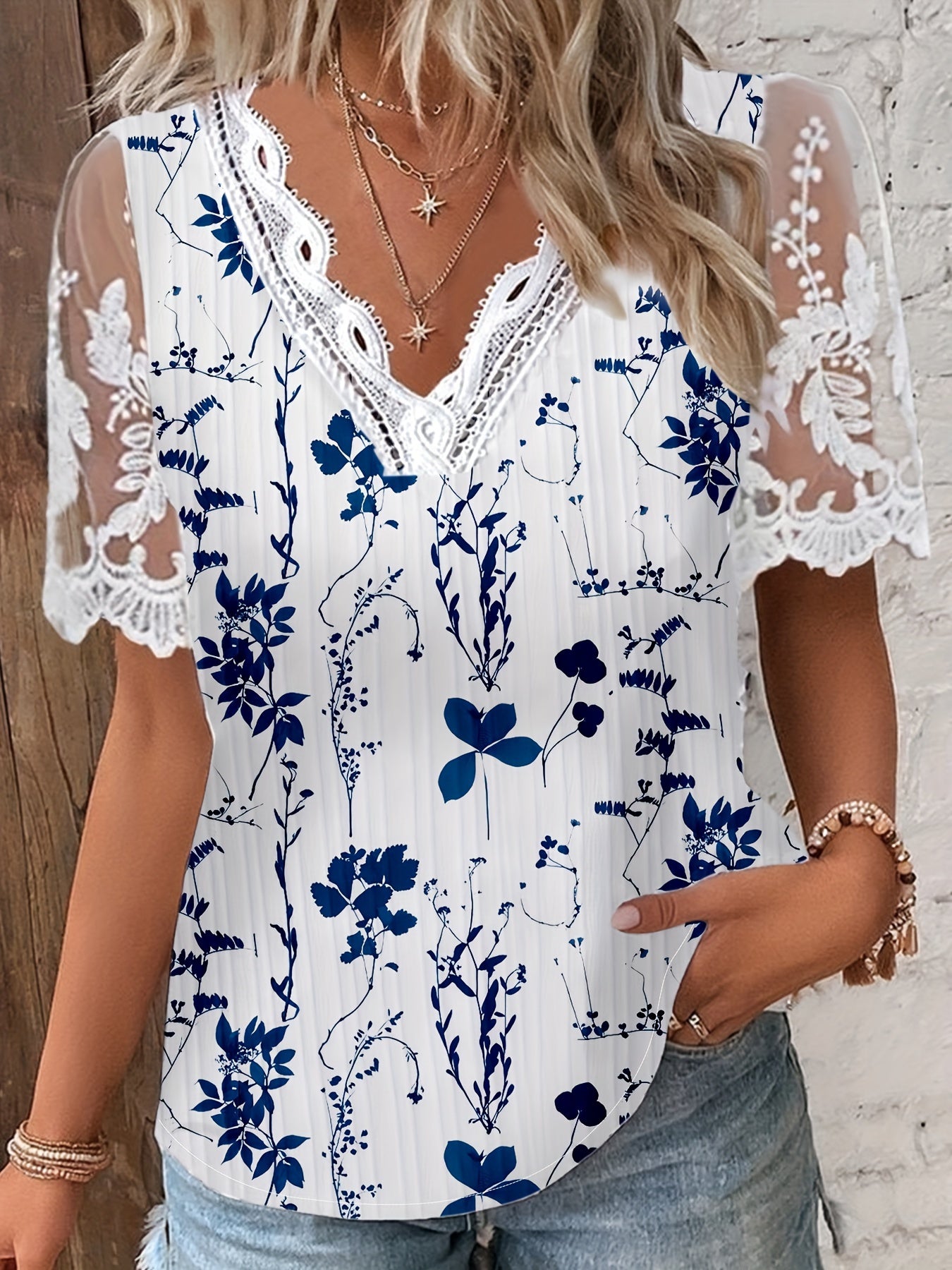 Plus Size Floral Print Blouse - Delicate Lace Stitching, Flattering V-Neck, Comfortable Short Sleeves, Exquisite Elegant Design - Perfect for Spring, Womens Fashion Clothing